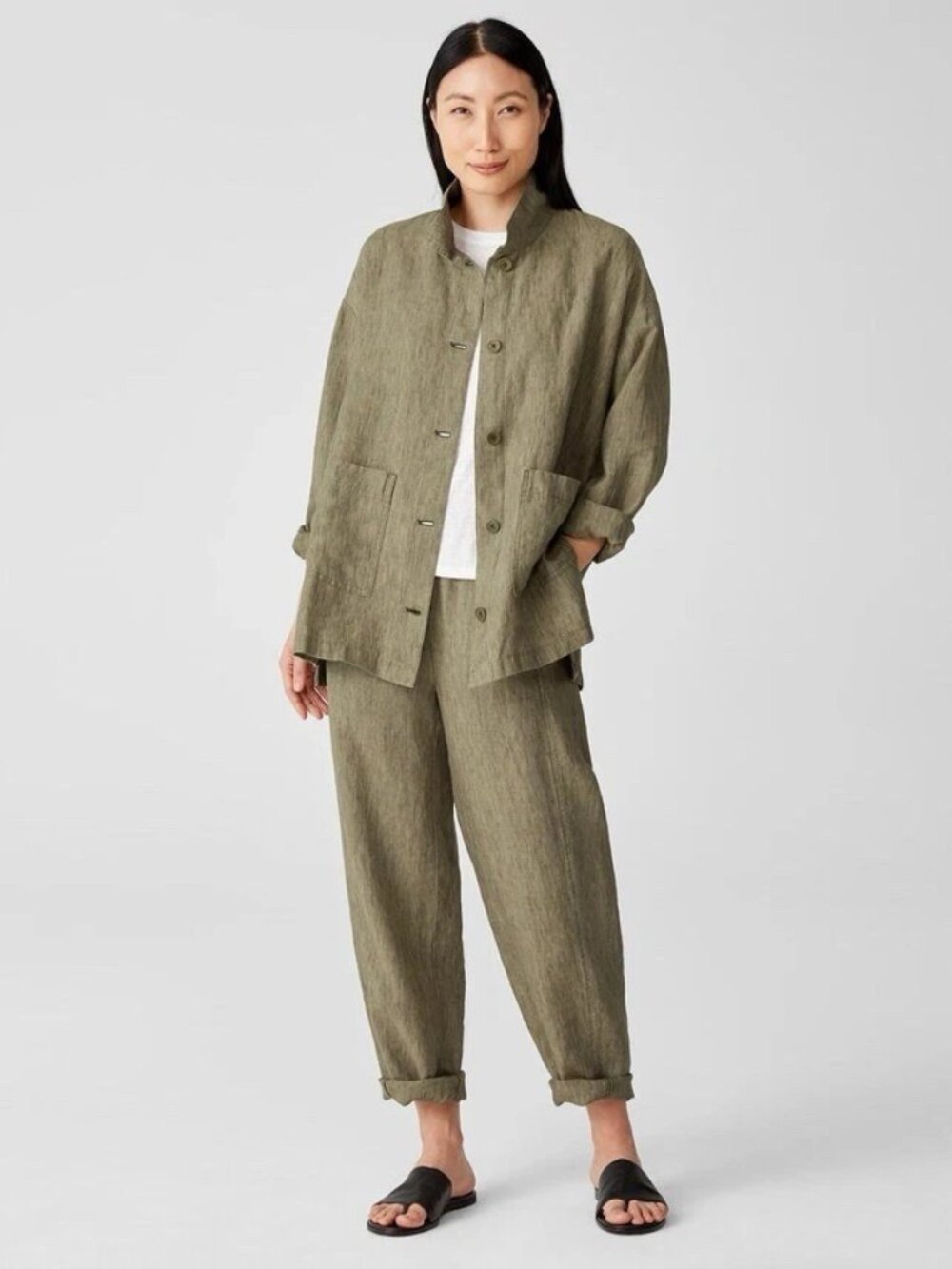 Eileen Fisher 100% Organic Linen Delave Pants Jacket Top Set Size L Lagenlook